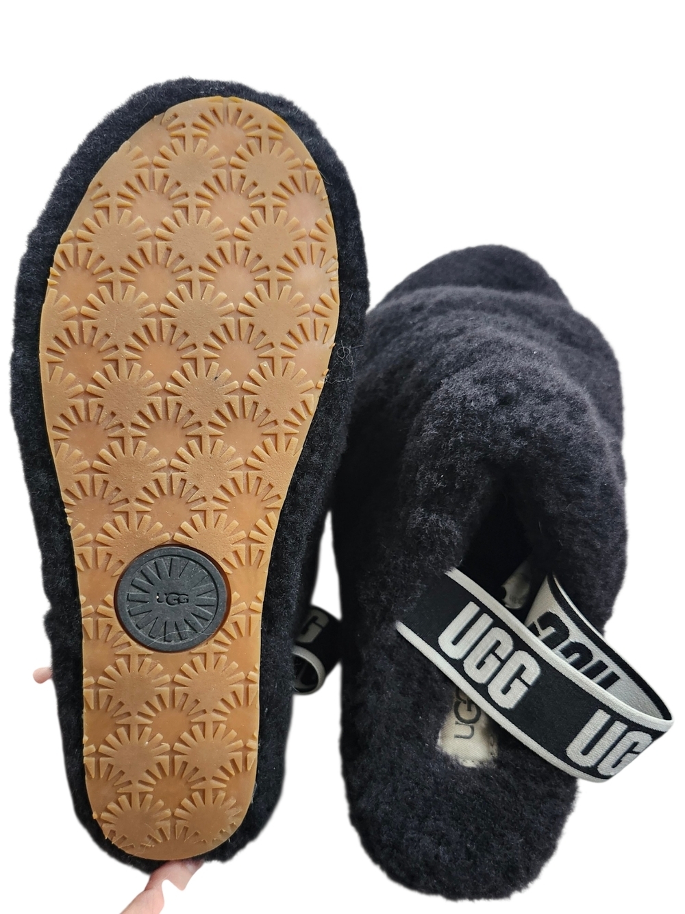 UGG Fluff Yeah Slides Black Shearling Slippers Size 7 Platform Sandals - Picture 9 of 10